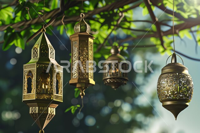 زينة وأنوار الأعياد والمناسبات الدينية الاسلامية، أجواء رمضانية وروحانية, صورة مقربة لفوانيس عربية معدنية مزخرفة مضيئة معلقة على اغصان الشجرة، التحف والديكورات التقليدية للاحتفال بقدوم شهر رمضان المبارك، مناظر طبيعية متميزة