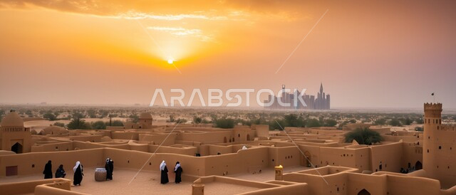 منظر لمنطقة الدرعية التاريخية العريقة بعد الظهر، العبادة والتقرب الى الله، الفن الهندسي المعماري للمساجد على الطراز الإسلامي، التصاميم القديمة المتميزة للقبب والمآذن, معالم وأماكن دينية مقدسة في المملكة العربية السعودية