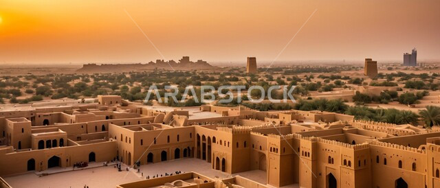 View of the ancient historical district of Diriyah in the afternoon, worship and closeness to God, the architectural art of mosques in the Islamic style, the distinctive ancient designs of domes and minarets, landmarks and sacred religious places in the Kingdom of Saudi Arabia