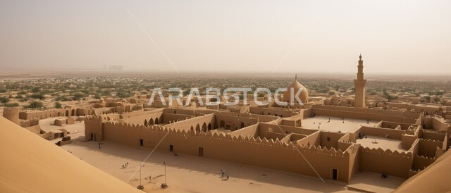 منظر لمنطقة الدرعية التاريخية العريقة بعد الظهر، العبادة والتقرب الى الله، الفن الهندسي المعماري للمساجد على الطراز الإسلامي، التصاميم القديمة المتميزة للقبب والمآذن, معالم وأماكن دينية مقدسة في المملكة العربية السعودية