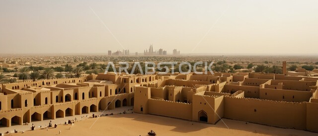 منظر لمنطقة الدرعية التاريخية العريقة بعد الظهر، العبادة والتقرب الى الله، الفن الهندسي المعماري للمساجد على الطراز الإسلامي، التصاميم القديمة المتميزة للقبب والمآذن, معالم وأماكن دينية مقدسة في المملكة العربية السعودية