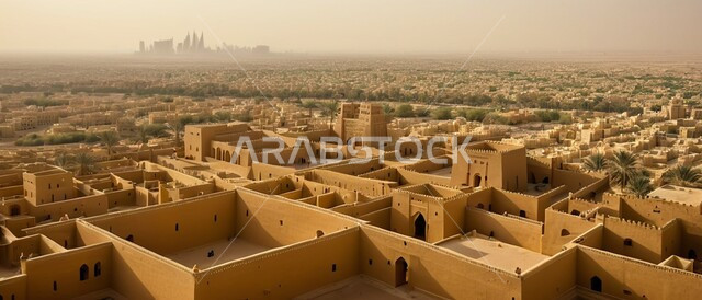 View of the ancient historical district of Diriyah in the afternoon, worship and closeness to God, the architectural art of mosques in the Islamic style, the distinctive ancient designs of domes and minarets, landmarks and sacred religious places in the Kingdom of Saudi Arabia