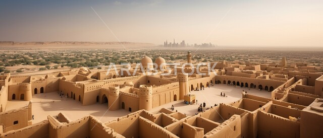 View of the ancient historical district of Diriyah in the afternoon, worship and closeness to God, the architectural art of mosques in the Islamic style, the distinctive ancient designs of domes and minarets, landmarks and sacred religious places in the Kingdom of Saudi Arabia