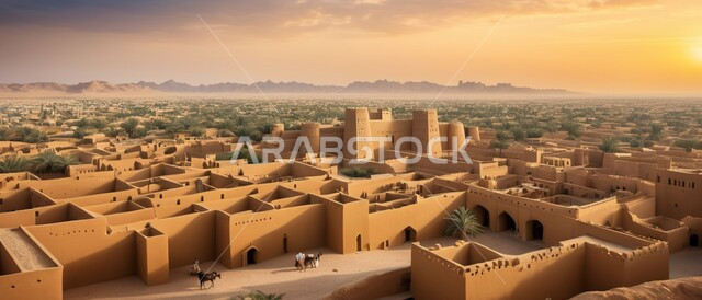 منظر لمنطقة الدرعية التاريخية العريقة بعد الظهر، العبادة والتقرب الى الله، الفن الهندسي المعماري للمساجد على الطراز الإسلامي، التصاميم القديمة المتميزة للقبب والمآذن, معالم وأماكن دينية مقدسة في المملكة العربية السعودية