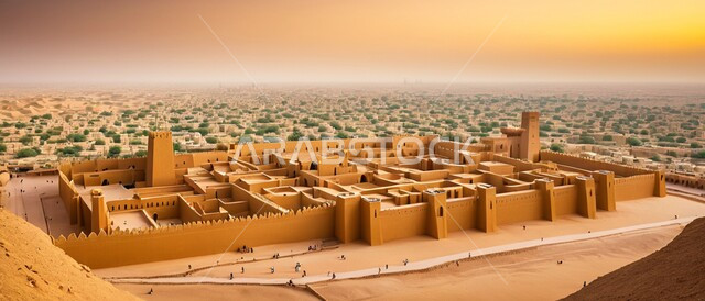 View of the ancient historical district of Diriyah in the afternoon, worship and closeness to God, the architectural art of mosques in the Islamic style, the distinctive ancient designs of domes and minarets, landmarks and sacred religious places in the Kingdom of Saudi Arabia