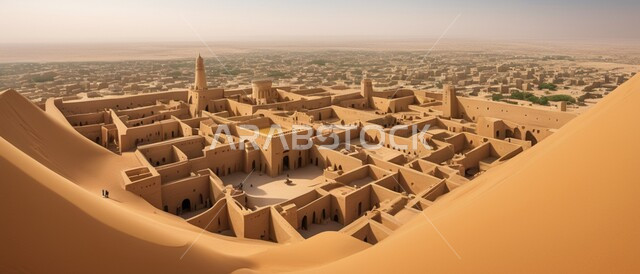 منظر لمنطقة الدرعية التاريخية العريقة بعد الظهر، العبادة والتقرب الى الله، الفن الهندسي المعماري للمساجد على الطراز الإسلامي، التصاميم القديمة المتميزة للقبب والمآذن, معالم وأماكن دينية مقدسة في المملكة العربية السعودية