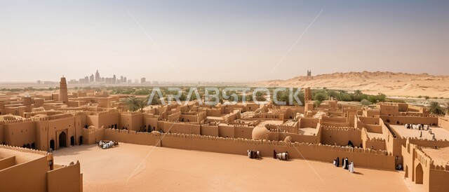 منظر لمنطقة الدرعية التاريخية العريقة بعد الظهر، العبادة والتقرب الى الله، الفن الهندسي المعماري للمساجد على الطراز الإسلامي، التصاميم القديمة المتميزة للقبب والمآذن, معالم وأماكن دينية مقدسة في المملكة العربية السعودية
