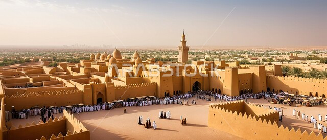 View of the ancient historical district of Diriyah in the afternoon, worship and closeness to God, the architectural art of mosques in the Islamic style, the distinctive ancient designs of domes and minarets, landmarks and sacred religious places in the Kingdom of Saudi Arabia