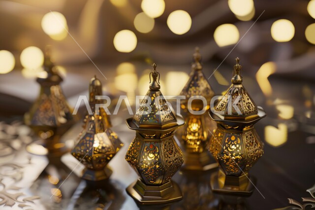 Decorations and lights in the spiritual atmosphere of Ramadan, an Arabic metal lantern decorated with light, lighting and decorations for the holy month of Ramadan, traditional Islamic lanterns and antiques to celebrate the arrival of the month of goodness, Islamic art for antiques and accessories