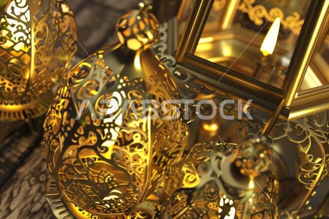 ديكورات وأنوار في الأجواء الرمضانية الروحانية, فانوس عربي معدني مزخرف مضيء، إضاءة وزينة شهر رمضان المبارك، فوانيس و تحف اسلامية تقليدية للاحتفال بقدوم شهر الخير، الفن الاسلامي للتحف والاكسسوارات