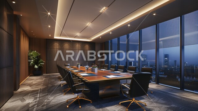 التصاميم والديكورات الداخلية الفخمة، التصميم العصري الحديث للمكاتب في الشركات السعودية، النوافذ والواجهات الزجاجية الضخمة, غرفة اجتماعات واسعة مع طاولة محاطة بكراسي