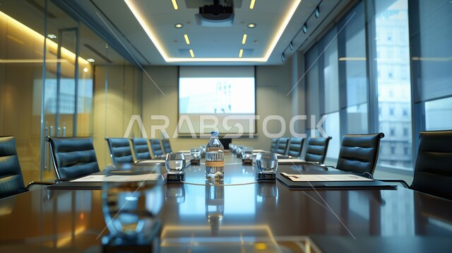 غرفة اجتماعات واسعة مع طاولة محاطة بكراسي, التصاميم والديكورات الداخلية الفخمة، التصميم العصري الحديث للمكاتب في الشركات السعودية، النوافذ والواجهات الزجاجية الضخمة 