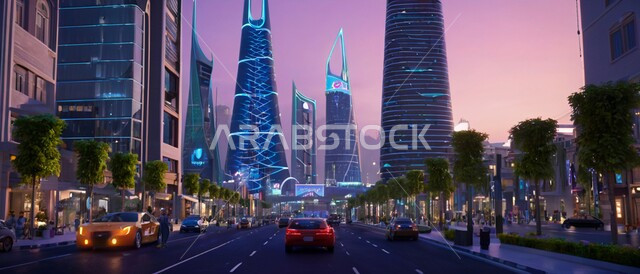 Saudi Vision 2030, a futuristic vision of urban progress and growth, tall commercial buildings and facilities in the Kingdom of Saudi Arabia, architectural engineering of towers and skyscrapers, building a civilized and advanced future, famous tourist places and landmarks