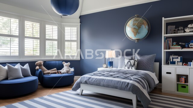غرفة نوم أطفال باللون الأزرق بتصاميم عصرية، تصاميم وديكورات على الطراز الحديث، شقق وفلل سكنية، فنادق ومنتجعات فاخرة في المملكة العربية السعودية، اكسسوارات وتحف فنية مميزة