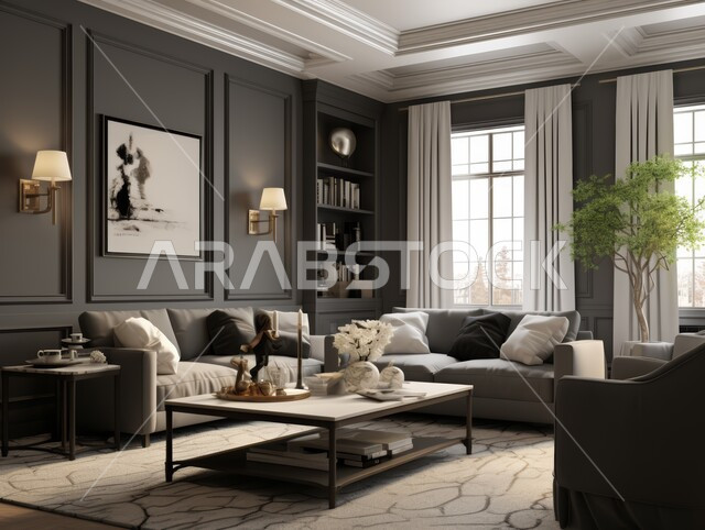 التصميم الداخلي للمنازل والبيوت باللون الابيض والأسود، أثاث واكسسوارات منزلية داخلية أنيقة، غرفة معيشة بتصاميم عصرية حديثة, شقق وفلل سكنية فاخرة، فنادق ومنتجعات بديكورات راقية في المملكة العربية السعودية