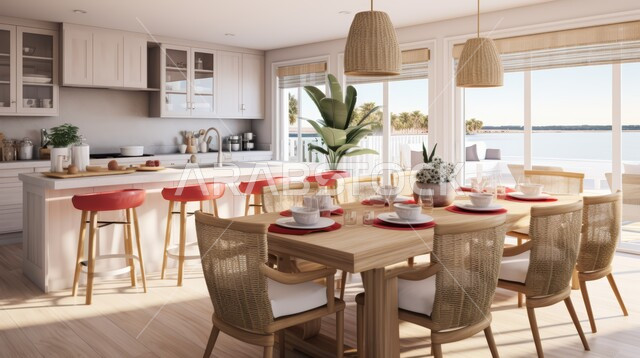 تصميم داخلي لمطبخ على الطراز الحديث, الديكورات العصرية للمطابخ الفاخرة في المملكة العربية السعودية، الأضواء المعلقة وتناسق الألوان, طاولة طعام كبيرة باللون العاجي