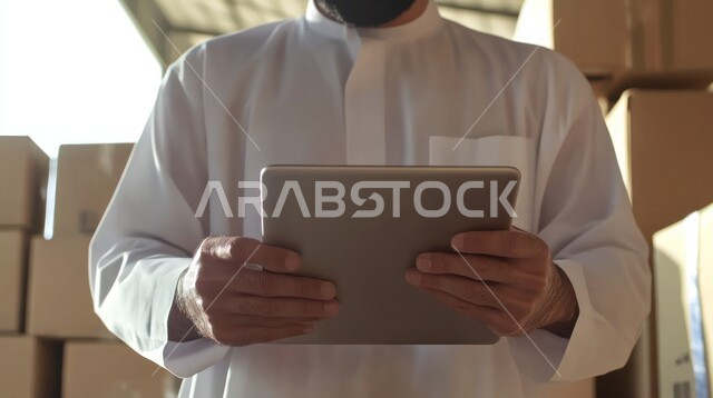 التسوق وطلب المنتجات عبر الإنترنت، خدمات الشحن ذات الجودة العالية، صورة مقربة لشاب عربي سعودي خليجي يستخدم جهاز التابلت لفحص الطرود والطلبات من خلاله، تحديد موقع العملاء، عملية توصيل الطلبات للزبائن