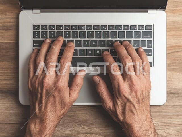 إدخال البيانات والكتابة من خلال لوحة المفاتيح، دمج العمل مع التقنية والتكنولوجيا، امتلاك مهارة الكتابة السريعة على الكيبورد، صورة مقربة لأيدي رجل عربي خليجي سعودي يقوم بالعمل على الحاسب المحمول، مهام وظائف إدارية مكتبية