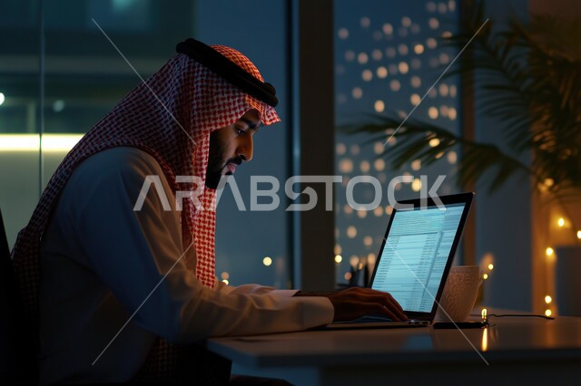 Integrating technology with practical life, managing and organizing business affairs through technical devices, office administrative professions and jobs, side view of a Saudi Arabian Gulf businessman wearing traditional dress working on a laptop inside the office at night, gestures of integration and focus