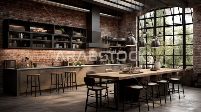 استخدام الطراز الفني الأنيق في الأثاث المنزلي، الديكورات العصرية للمطابخ العربية باللون الأسود، تصاميم داخلية متميزة للفلل والشقق السكنية في المملكة العربية السعودية، طاولة طعام خشبية فاخرة