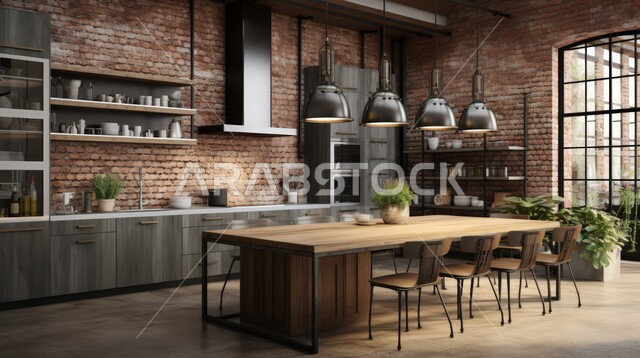 استخدام الطراز الفني الأنيق في الأثاث المنزلي، الديكورات العصرية للمطابخ العربية باللون الأسود، تصاميم داخلية متميزة للفلل والشقق السكنية في المملكة العربية السعودية، طاولة طعام خشبية فاخرة