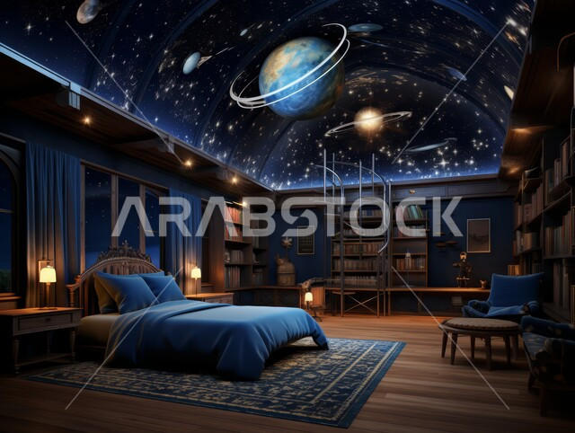 Blue bedroom with modern designs, modern interior design for homes and houses, elegant interior home furniture and accessories, luxury residential apartments and villas, hotels and resorts with high-end decorations in Saudi Arabia