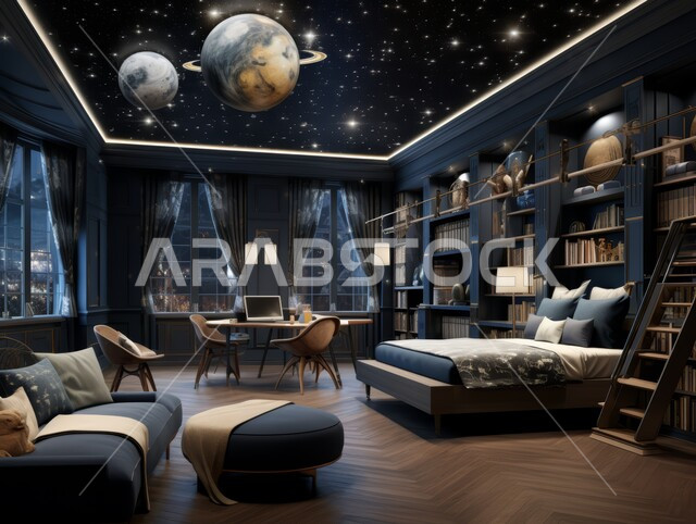 غرفة نوم باللون الأزرق بتصاميم عصرية, التصميم الداخلي للمنازل والبيوت على الطراز الحديث، أثاث واكسسوارات منزلية داخلية أنيقة، شقق وفلل سكنية فاخرة، فنادق ومنتجعات بديكورات راقية في المملكة العربية السعودية