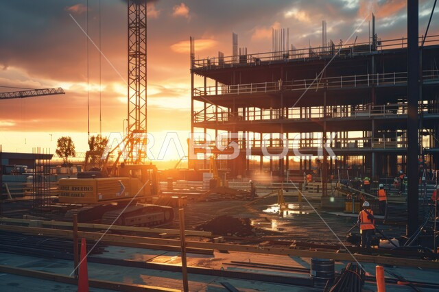 Working on developing and improving the country, the concept of structural and architectural engineering, implementing the construction plan and forming the metal structure, construction cranes and pouring concrete, skyscrapers and towers on a site under construction in Saudi Arabia