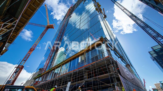 مفهوم الهندسة الإنشائية والمعمارية, تنفيذ مخطط الإعمار وتشكيل الهيكل المعدني, رافعات بناء وصب الخرسانات, ناطحات السحاب والأبراج في موقع قيد الانشاء في السعودية، العمل على تطوير وتحسين البلاد