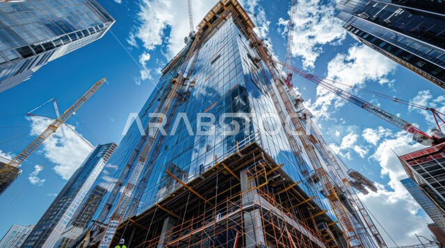 تنفيذ مخطط الإعمار وتشكيل الهيكل المعدني, رافعات بناء وصب الخرسانات, ناطحات السحاب والأبراج في موقع قيد الانشاء في السعودية، العمل على تطوير وتحسين البلاد، مفهوم الهندسة الإنشائية والمعمارية