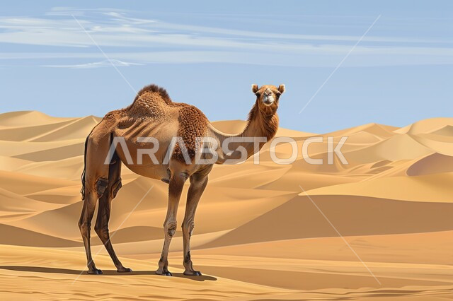 الاهتمام في تربية الجمال والإبل، حيوان الجمل يقف وسط صحراء المملكة العربية السعودية، الكثبان الرملية والرمال الذهبية اللامعة، مفهوم رعاية المواشي والثدييات، البيئة الصحراوية الجافة والتضاريس البرية