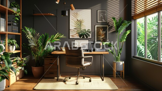 Modern office equipment with elegant and comfortable furniture, modern interior designs and upscale decorations, modern design for Saudi Arabia companies’ offices, glass facades in work offices, interest in home ornamental plants