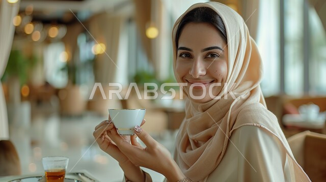 الاستمتاع بتناول المشروبات الساخنة، النظر إلى الكاميرا بإيماءات الأنوثة والنعومة، الجلسات الهادئة في إحدى الكافيهات الراقية في المملكة، صورة مقربة لإمرأة عربية خليجية سعودية مبتسمة ترتدي الحجاب والعباءة  تحمل بيدها فنجان القهوة