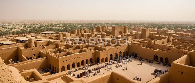 منظر لمنطقة الدرعية التاريخية العريقة بعد الظهر، العبادة والتقرب الى الله، الفن الهندسي المعماري للمساجد على الطراز الإسلامي، التصاميم القديمة المتميزة للقبب والمآذن, معالم وأماكن دينية مقدسة في المملكة العربية السعودية