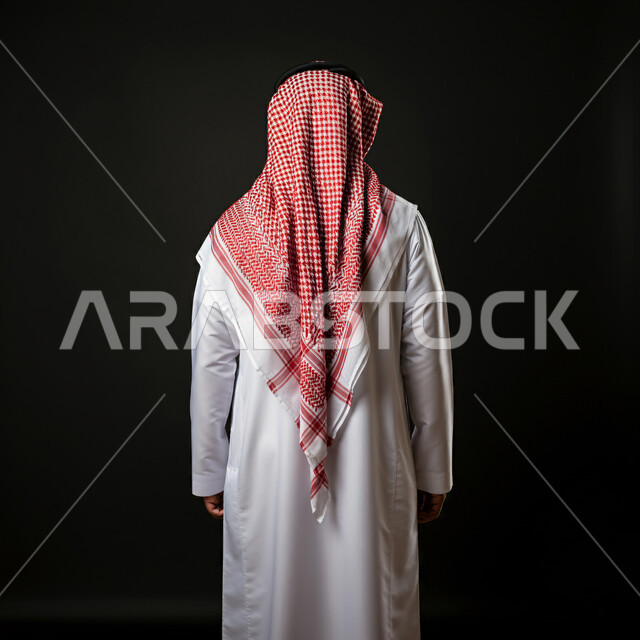 مفهوم الاهتمام في المظهر الخارجي، الرجولة والقوة والثقة بالنفس، بورتريه مقرب من الخلف لرجل عربي خليجي سعودي يرتدي الشماغ والثوب التقليدي، خلفيه سوداء