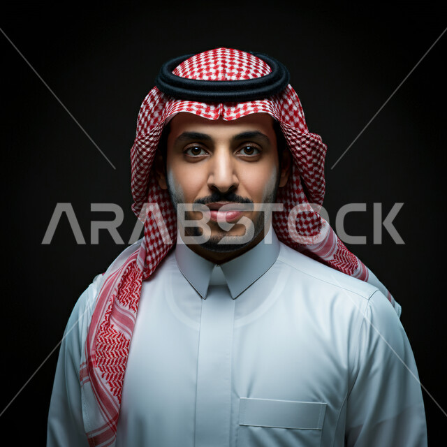 الرجولة والقوة والثقة بالنفس، بورتريه مقرب لرجل عربي خليجي سعودي مبتسم يرتدي الشماغ والثوب التقليدي ينظر إلى الكاميرا بإيماءات السرور والفرح، مفهوم الاهتمام في المظهر الخارجي، خلفيه سوداء