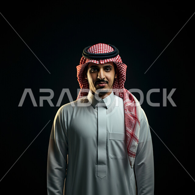 الرجولة والقوة والثقة بالنفس، بورتريه مقرب لرجل عربي خليجي سعودي مبتسم يرتدي الشماغ والثوب التقليدي ينظر إلى الكاميرا بإيماءات السرور والفرح، مفهوم الاهتمام في المظهر الخارجي، خلفيه سوداء