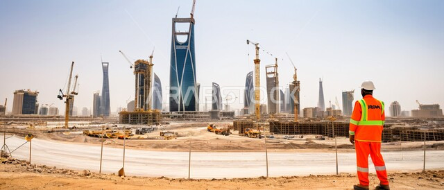 Engineering professions and jobs, use of technical devices in engineering professions, work in the field of structural engineering, supervision of construction work, follow-up of the implementation of architectural projects, close-up photo from the back of a Saudi Arabian Gulf engineer wearing a protective jacket and helmet holding a laptop in his hand