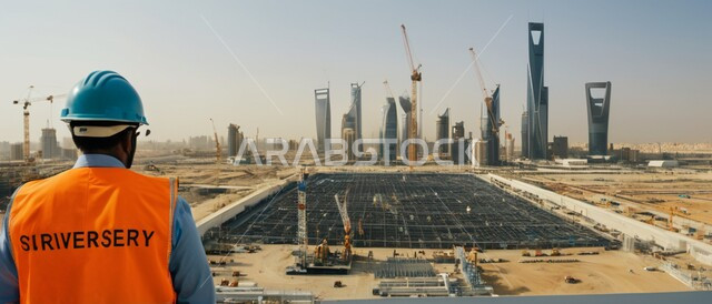 مهن ووظائف هندسية، استخدام الأجهزة التقنية في المهن الهندسية، العمل في مجال الهندسة الإنشائية، الإشراف على سير أعمال البناء، متابعة تنفيذ المشاريع المعمارية، صورة مقربة من الخلف لمهندس عربي خليجي سعودي يرتدي سترة وخوذة الحماية يحمل بيده الحاسوب المحمول