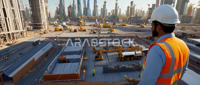 مهن ووظائف هندسية، استخدام الأجهزة التقنية في المهن الهندسية، العمل في مجال الهندسة الإنشائية، الإشراف على سير أعمال البناء، متابعة تنفيذ المشاريع المعمارية، صورة مقربة من الخلف لمهندس عربي خليجي سعودي يرتدي سترة وخوذة الحماية يحمل بيده الحاسوب المحمول