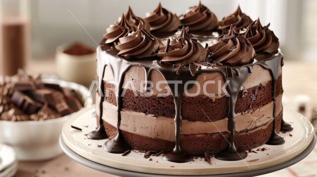 تزيين الكيك بالشوكلا، قالب من الكاتو المزين بالكريمة، كيكة هشة شهية, مأكولات غنية بالسكريات والسعرات الحرارية، حلويات طازجة مخبوزة في الفرن، طبق من الحلا البارد مع الشوكولاته الداكنة