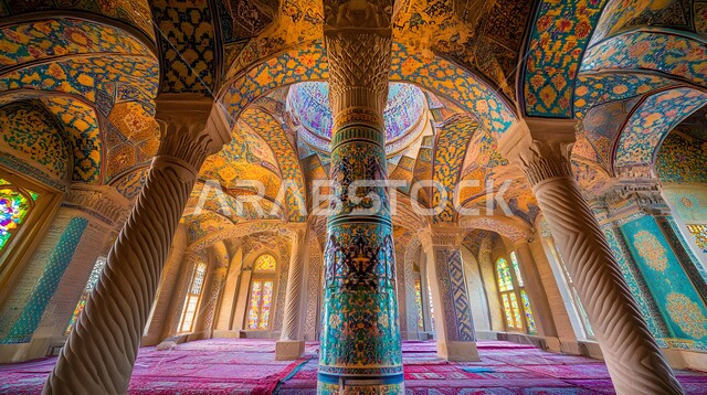 هيكل ديني ذو سقف مقبب، نوافذ مزخرفة بنمط الارابيسك العربي التقليدي، الفن الهندسي المعماري لمسجد عربي عريق باللون البنفسجي، التصاميم والديكورات للمساجد في المملكة العربية السعودية، نقوش وزخارف إسلامية مميزة على الجدران الداخلية للقبب والأقواس