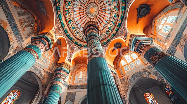 هيكل ديني ذو سقف مقبب، نوافذ مزخرفة بنمط الارابيسك العربي التقليدي، الفن الهندسي المعماري لمسجد عربي عريق باللون البنفسجي، التصاميم والديكورات للمساجد في المملكة العربية السعودية، نقوش وزخارف إسلامية مميزة على الجدران الداخلية للقبب والأقواس