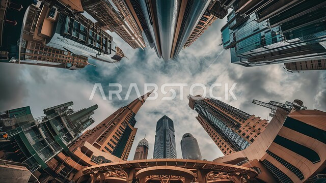 مفهوم تطوير وتحسين البنية التحتية, السماء الملبدة بالغيوم البيضاء, منظر تخيلي مستقبلي للتقدم والنمو العمراني, صورة من الأسفل للأبراج وناطحات السحاب المبنية على الطراز الحديث والمتطور في المملكة, رؤية سعودية مستقبلية 2030, المباني والمنشآت التجارية الشاهقة