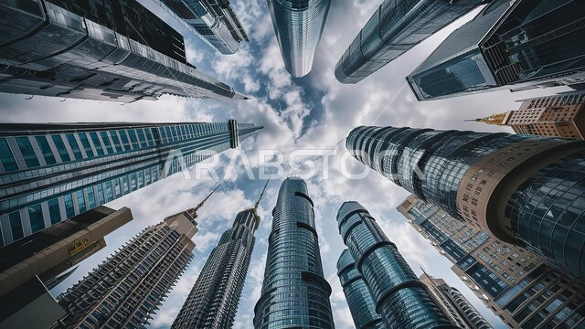 مفهوم تطوير وتحسين البنية التحتية, السماء الملبدة بالغيوم البيضاء, منظر تخيلي مستقبلي للتقدم والنمو العمراني, صورة من الأسفل للأبراج وناطحات السحاب المبنية على الطراز الحديث والمتطور في المملكة, رؤية سعودية مستقبلية 2030, المباني والمنشآت التجارية الشاهقة