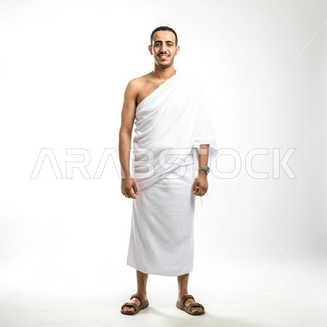 النظر إلى الكاميرا بإيماءات السرور، أداء مناسك الحج والعمرة، بورتريه لرجل عربي سعودي خليجي مبتسم يرتدي ملابس الاحرام، الجسم بالطول الكامل، مفهوم العبادة والتقرب إلى الله، خلفية بيضاء
