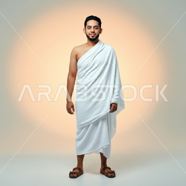 Looking at the camera with gestures of pleasure, performing Hajj and Umrah rituals, portrait of a smiling Saudi Arabian Gulf man wearing Ihram clothes, full length body, concept of worship and getting closer to God, the fifth pillar of Islam