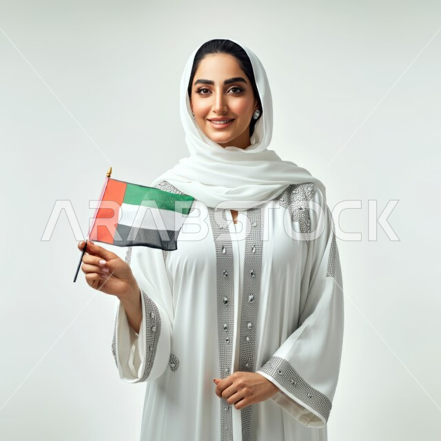 الاحتفال باليوم الوطني باستقلال وسيادة دولة الإمارات، بورتريه لإمرأة عربية خليجية مبتسمة ترتدي الححاب والعباءة البيضاء،  الإمساك بالعلم الصغير، ايماءات الفرح والسرور بالانتماء، الأعياد والمناسبات الوطنية، خلفية بيضاء