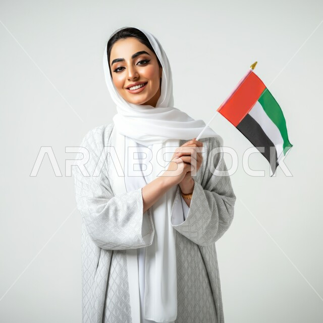 الاحتفال باليوم الوطني باستقلال وسيادة دولة الإمارات، بورتريه لإمرأة عربية خليجية مبتسمة ترتدي الححاب والعباءة البيضاء،  الإمساك بالعلم الصغير، ايماءات الفرح والسرور بالانتماء، الأعياد والمناسبات الوطنية، خلفية بيضاء
