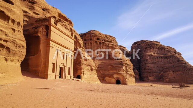 التضاريس و المرتفعات والقمم الجبلية في البراري، مناطق البادية والبيئة الطبيعية الصحراوية،  الهضاب و التلال من الرمال الناعمة الذهبية، التكوينات والتشكلات الصخرية في العلا، السماء الزرقاء والغيوم